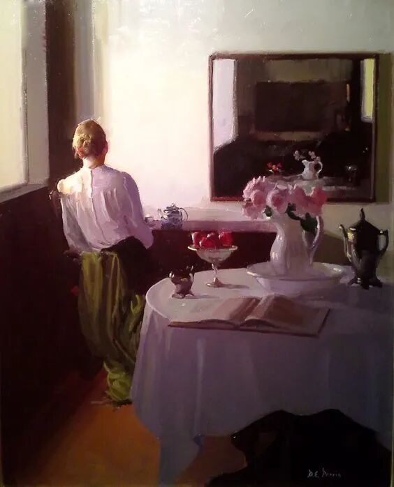 Dennis Perrin，美国印象派画家，他用花朵、光、影、女子去表达对周围美景的热爱。从常人欣赏艺术的方式看，技术是外在形式，若你也感知到Perrin先生眼中的那份温柔，便是对他艺术的爱了。
