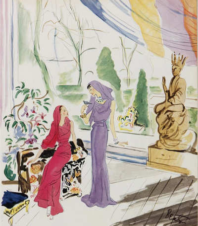 黛西和她的女儿卡斯特亚伯爵夫人身穿1935年夏季Schiaparelli高级定制系列中的纱丽裙。