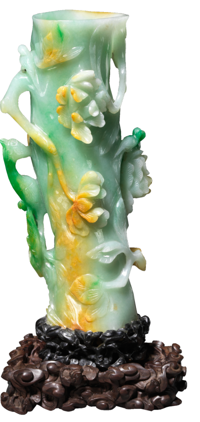   清 翡翠花鸟纹花插