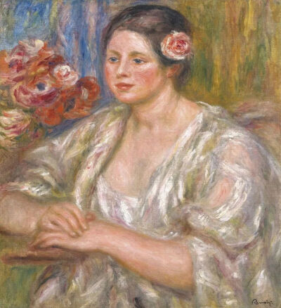 雷诺阿晚年油画《花束旁身着白衣的玛德琳》近日上拍，最高估价为20,000,000港元（约合人民币18,400,000元）。此作绘于1915-1919年间，是艺术家晚期风格典范。画中模特玛德琳·布鲁诺是雷诺阿最后十年最重要的灵感缪斯…