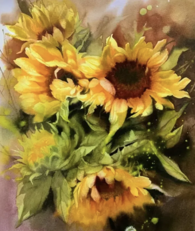 金莉笔下的水彩花卉色彩清新、格调高雅。多姿多彩的花朵、自由流动的水色、氤氲朦胧的气氛，令人过目难忘、心生欢喜。