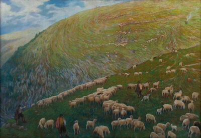 《羊群与牧羊人》Grazing in the upper valley，
托马索·卡塞拉（Tommaso Cascella）
1910年； 70 * 100 cm；色粉纸板