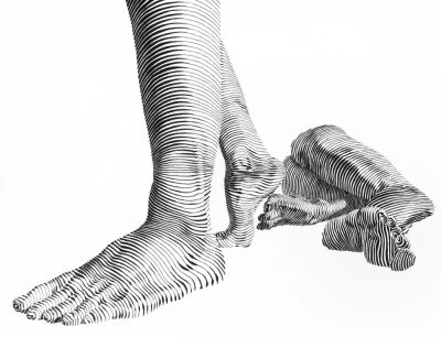 加拿大艺术家
Dominic Depeyre
多米尼克·德佩尔
用独特线条构成不寻常观感的画作
画中的内容是
用线条探索人之间的互动
只有黑色的墨水线
不同的方向和粗细，构成了立体效果
