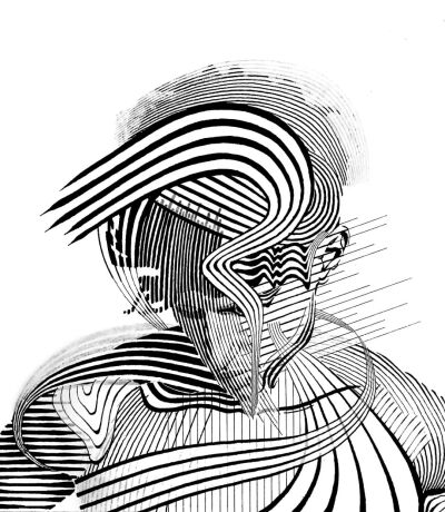 加拿大艺术家
Dominic Depeyre
多米尼克·德佩尔
用独特线条构成不寻常观感的画作
画中的内容是
用线条探索人之间的互动
只有黑色的墨水线
不同的方向和粗细，构成了立体效果
