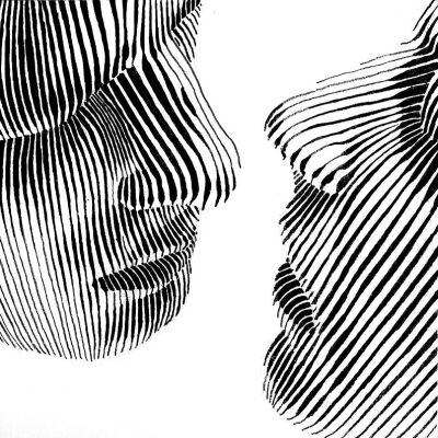 加拿大艺术家
Dominic Depeyre
多米尼克·德佩尔
用独特线条构成不寻常观感的画作
画中的内容是
用线条探索人之间的互动
只有黑色的墨水线
不同的方向和粗细，构成了立体效果
