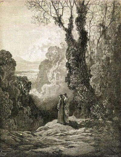 ▲《但丁和维吉尔结束地狱之旅来到炼狱》（1857）法国画家古斯塔夫·多雷 作私人收藏