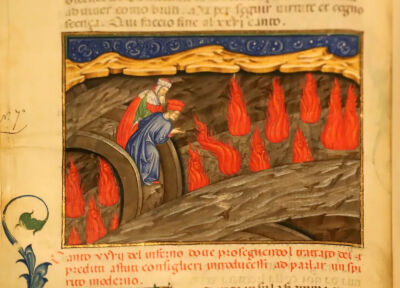▲《地狱第八层第八道恶沟：火球包恶灵》（1450）十五世纪《神曲》手稿