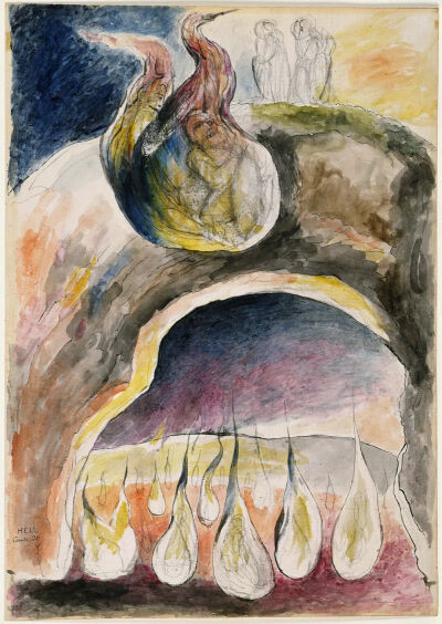 ▲水彩画《地狱第八层第八道恶沟：火球包恶灵》（1824-1827）英国浪漫主义版画家威廉·布莱克 作现藏于大英博物馆