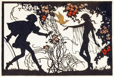 《玫瑰园与夜莺》Rosen Garten und März Vogel
格尔达·路易斯·马泰-施密特 ( Gerda Luise Matthei-Schmidt）
1920年；尺寸未知；剪影画