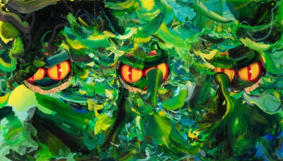 王加加，《停止时间，深入丛林，沉迷夜色》，2021，布面油画、喷漆、丙烯、树脂、数码打印，200 × 350 cm，图片由艺术家和马刺画廊提供