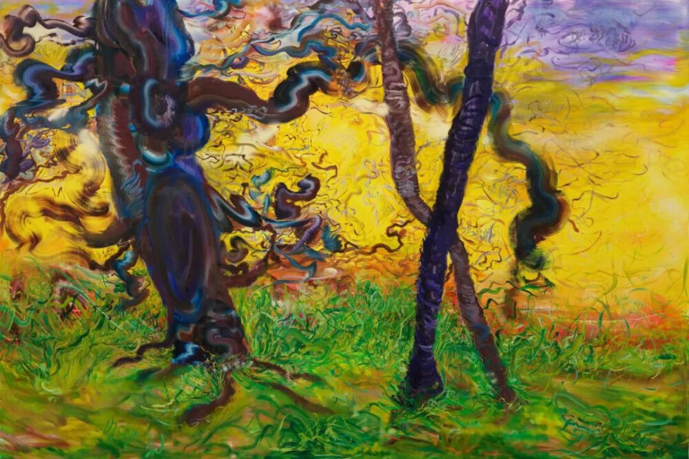 王加加，《树#78（浪漫的机会）》，2023，布面油画、喷漆，200 × 300 cm，图片由艺术家和马刺画廊提供
