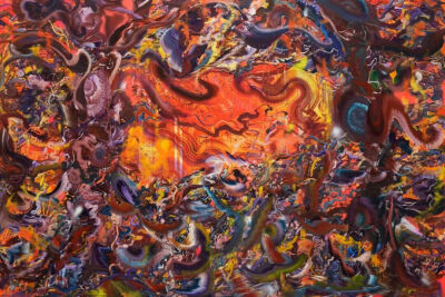 王加加，《树#71（浪漫的机会）》，2023，布面油画、喷漆，200 × 300 cm，图片由艺术家和马刺画廊提供
