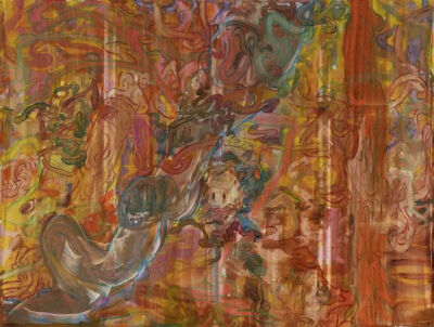 王加加，《根#003》，2022，布面油画、喷漆，150 × 200 cm，图片由艺术家和马刺画廊提供
