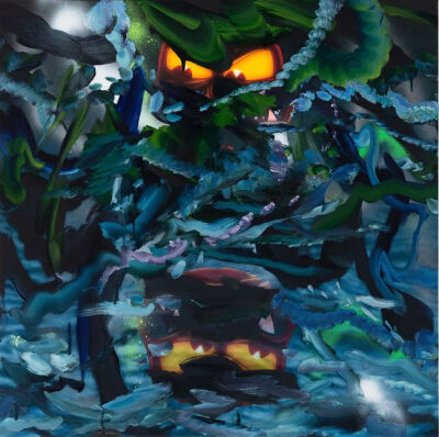 王加加，《天边2》，2021，布面油画、喷漆、丙烯、树脂、数码打印，70 × 70 cm，图片由艺术家和马刺画廊提供