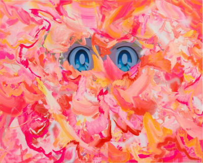 王加加，《亲爱的，我不为任何人停留》，2021，布面油画、喷漆、丙烯、树脂、数码打印，120 × 150 cm，图片由艺术家和马刺画廊提供