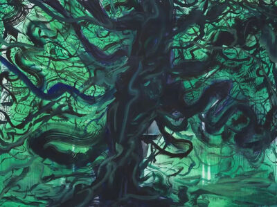 王加加，《树#57》，2022，布面油画、油画棒，150 × 200 cm，图片由艺术家和马刺画廊提供
