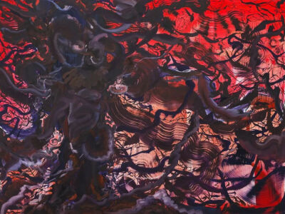 王加加，《树#59》，2022，布面油画、油画棒，150 × 200 cm，图片由艺术家和马刺画廊提供
