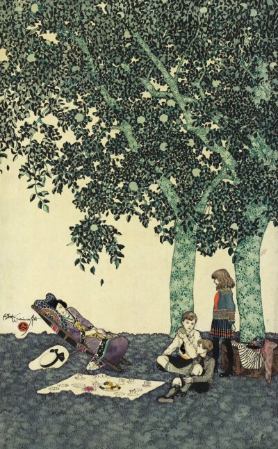 《夏日午后的野餐》Picknick am Sommernachmittag
阿尔伯特·魏斯格贝尔（Albert Wainwright）
1910年；尺寸未知；套色石版画