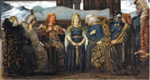 ▲[丹] 艾格尼丝·斯洛特·默勒《妇人们在西古尔德的葬礼上》，早于1937年，布面油画，49 x 89 cm私人收藏