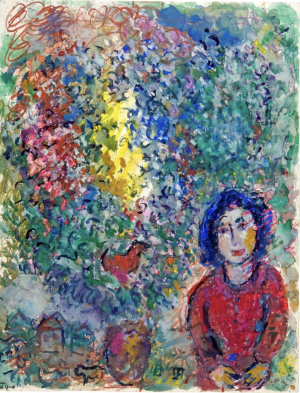 马克·夏加尔，《戴着红色胸花和大花束的女人》（约 1984 年）。