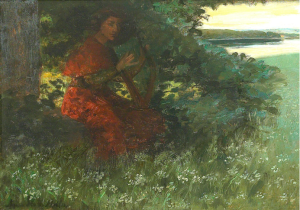 ▲[丹] 艾格尼丝·斯洛特·默勒《竖琴声声》，早于1937年，布面油画，32.5 x 45 cm私人收藏