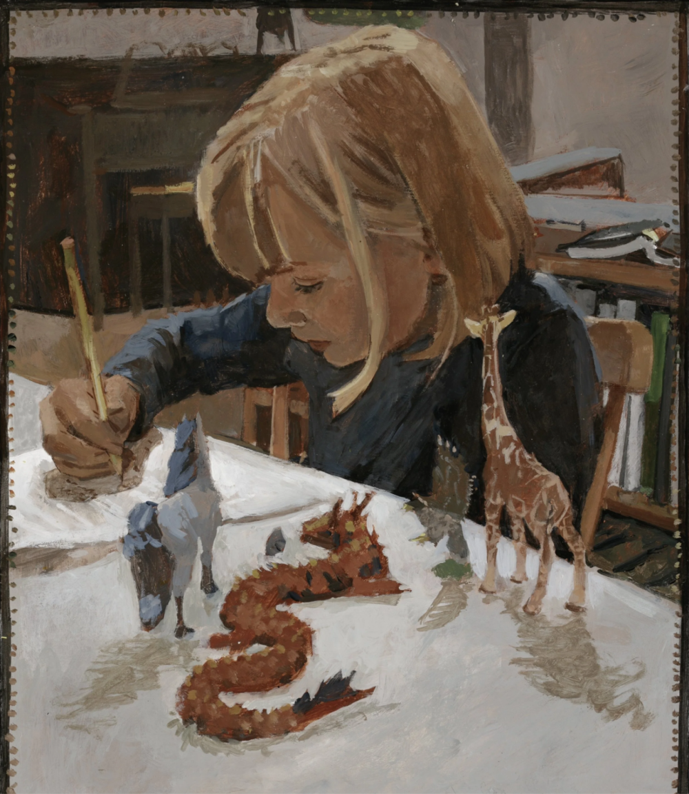 科尔比·A·桑福德是一位美国写实人物与静物画家，以把日常生活中看似平凡的瞬间以温柔、诗意的方式再现而著称。他成长在一个非常“非典型”的家庭环境：小时候被允许在自己卧室的墙上画画；也曾住在蒙古包（yurt）里；家庭鼓励他的创造力与实验精神。他的画作题材常是“安静的亲密瞬间”：父亲与孩子的互动、家里的场景、自然界中平凡的小事物，或者微小日常中的光影与色彩变化。科尔比的色调偏好柔和、低饱和、带有土色调，色彩不求张扬，而在朴素中体现情绪与光感。他也常在画作旁搭配短诗或文字，通过文字与图像的结合，增强作品的情感回响。