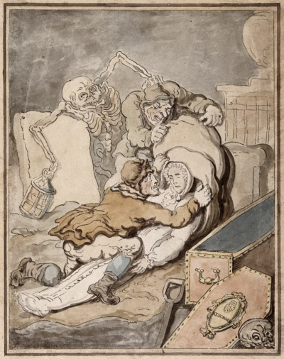 托马斯·罗兰森（Thomas Rowlandson）的水彩画，描绘了盗尸人，死神被描绘成一名夜间守卫，1755年。© Wellcome Collection
