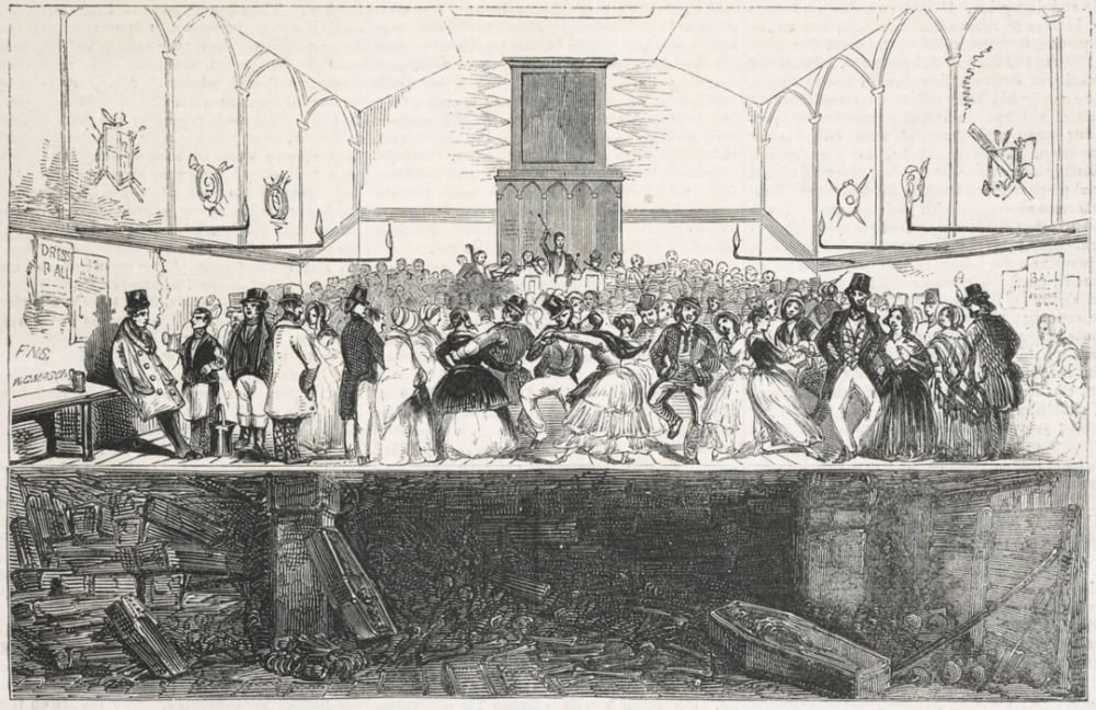 插图标题为“埃农礼拜堂公墓和舞厅”，出自1847年《穷人卫报》（The Poor Man’s Guardian）。© wikimedia