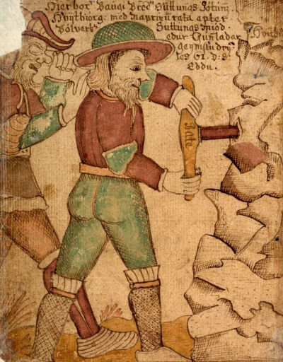 ▲[冰]《巴乌吉钻洞》，18世纪，手抄本插画冰岛雷克雅未克  Árni Magnússon 研究所藏