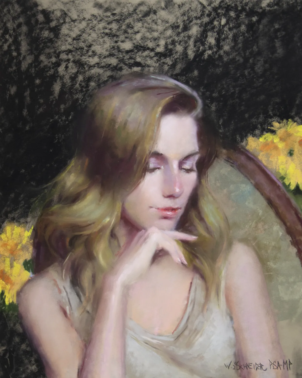 威廉·施耐德是一位在油画与粉彩领域均达到大师级水准的美国当代写实主义画家。他的人生经历颇具传奇色彩：早年作为音乐人活跃于摇滚乐队并发行唱片，随后转战金融界成为投资咨询公司合伙人，直到2010年才正式成为全职画家。