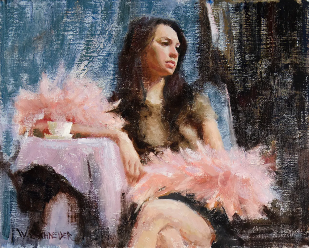 威廉·施耐德是一位在油画与粉彩领域均达到大师级水准的美国当代写实主义画家。他的人生经历颇具传奇色彩：早年作为音乐人活跃于摇滚乐队并发行唱片，随后转战金融界成为投资咨询公司合伙人，直到2010年才正式成为全职画家。