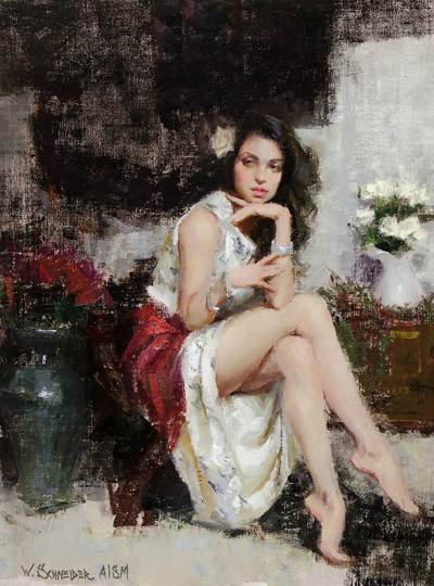 威廉·施耐德是一位在油画与粉彩领域均达到大师级水准的美国当代写实主义画家。他的人生经历颇具传奇色彩：早年作为音乐人活跃于摇滚乐队并发行唱片，随后转战金融界成为投资咨询公司合伙人，直到2010年才正式成为全…