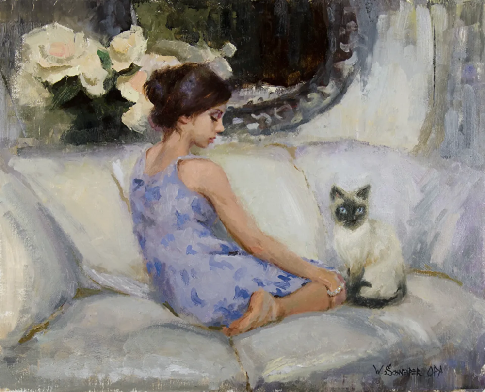 威廉·施耐德是一位在油画与粉彩领域均达到大师级水准的美国当代写实主义画家。他的人生经历颇具传奇色彩：早年作为音乐人活跃于摇滚乐队并发行唱片，随后转战金融界成为投资咨询公司合伙人，直到2010年才正式成为全职画家。