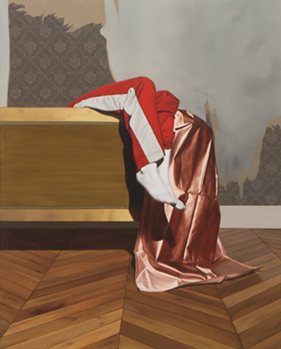 德瓦迪·哈贾布是一位阿尔及利亚出生、现居巴黎的当代艺术家。他的创作紧密结合摄影与绘画，以高度写实的油画形式展示处于极端、受约束或极具张力姿态的人体，置于形式严谨且视觉上稍带不安的室内环境中。