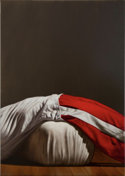 德瓦迪·哈贾布是一位阿尔及利亚出生、现居巴黎的当代艺术家。他的创作紧密结合摄影与绘画，以高度写实的油画形式展示处于极端、受约束或极具张力姿态的人体，置于形式严谨且视觉上稍带不安的室内环境中。