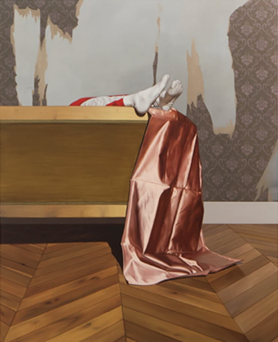 德瓦迪·哈贾布是一位阿尔及利亚出生、现居巴黎的当代艺术家。他的创作紧密结合摄影与绘画，以高度写实的油画形式展示处于极端、受约束或极具张力姿态的人体，置于形式严谨且视觉上稍带不安的室内环境中。