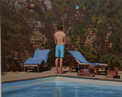 德瓦迪·哈贾布是一位阿尔及利亚出生、现居巴黎的当代艺术家。他的创作紧密结合摄影与绘画，以高度写实的油画形式展示处于极端、受约束或极具张力姿态的人体，置于形式严谨且视觉上稍带不安的室内环境中。