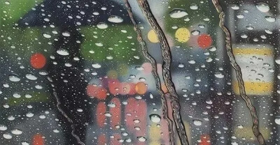 洛杉矶艺术家Elizabeth Patterson的彩铅绘画作品。她使用彩色铅笔和溶剂，逼真地再现了雨水在挡风玻璃上的情形。