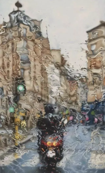 洛杉矶艺术家Elizabeth Patterson的彩铅绘画作品。她使用彩色铅笔和溶剂，逼真地再现了雨水在挡风玻璃上的情形。