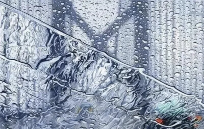 洛杉矶艺术家Elizabeth Patterson的彩铅绘画作品。她使用彩色铅笔和溶剂，逼真地再现了雨水在挡风玻璃上的情形。