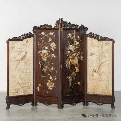 加布里埃尔·维亚尔多（1830-1906）木雕屏风，日式风格，镶嵌象牙和珍珠母，19 世纪。