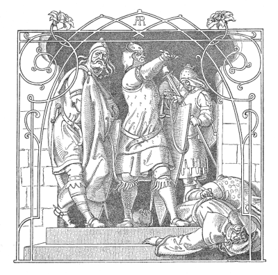 ▲[德] 阿尔弗雷德·雷特尔《勃艮第人将匈奴人尸体抛出大厅》，约1840年，版画