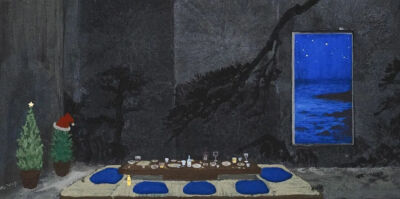 练佳昕《城市里的夜游者-28》
2024年，矿物颜料、银箔，高知麻纸，30cm×50cm
