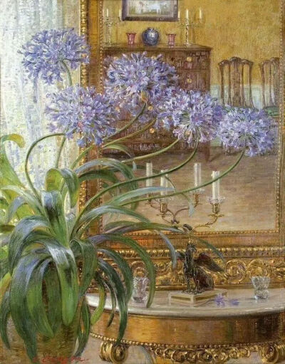 《镜子前的百子莲》Agapanthus before a mirror
卡尔·布茨-穆勒（Carl Budtz-Moller）
约1921年；95 * 73.6 cm；画布油画