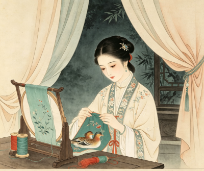 刺绣在深闺，总是愁滋味。
方便借人看，不把帘垂地。
弱线手频挑，碧绿青红异。
若遣绣鸳鸯，但绣鸳鸯睡。
