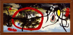 Joan Miró，Figure at Sunrise on the River Bank，1965年，学院派风格油彩、画布，95.7 × 195.5 厘米，米罗基金会馆藏作品，私人收藏 ©Successió Miró, 2026