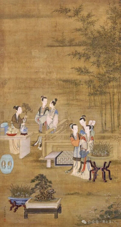 清代宫廷画家丁观鹏的《宫妃话宠图》。