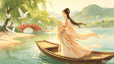 湖上寻游处，扁舟引兴长。
白鸟飞沙岸，红桥隐绿杨。
宛然图画里，佳景付诗囊。