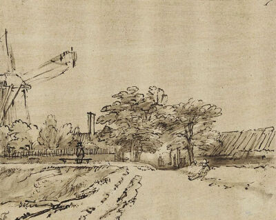 《阿姆斯特丹圣安东尼普特城门旁壁垒附近的壁垒》
伦勃朗（Rembrandt Harmenszoon van Rijn，荷兰）
1660年，钢笔和棕色墨水，14 x 17 cm，私人收藏