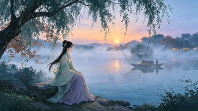 风光淡淡晚凉天，遥望渔家夕照边。傍岸绿阴藏钓艇，一竿秋水半湖烟。